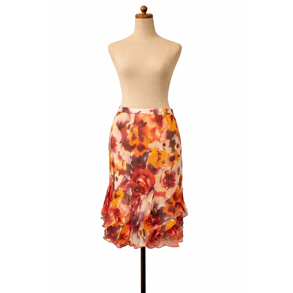 Peter Nygard Silk Ruffle Skirt Womens 12P Orange Red‎ Floral Midi Excellent